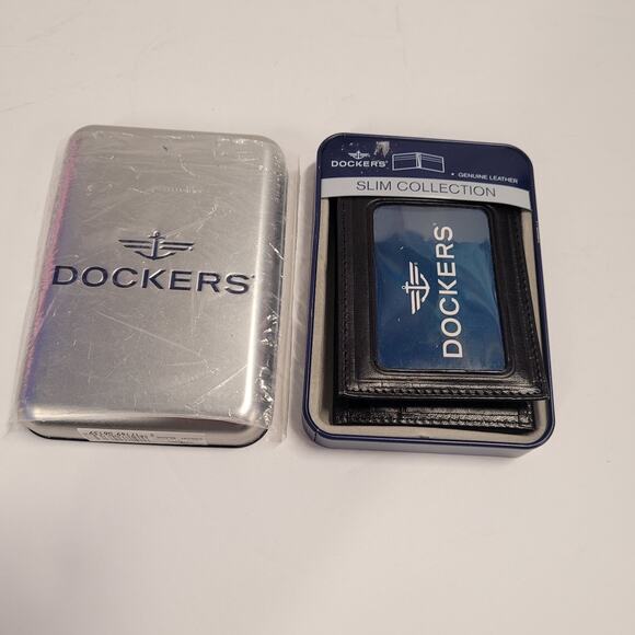 Dockers Mens Leather BiFold Wallet Slim Black Retro W/Case NEW Slim Fold - Picture 2 of 11